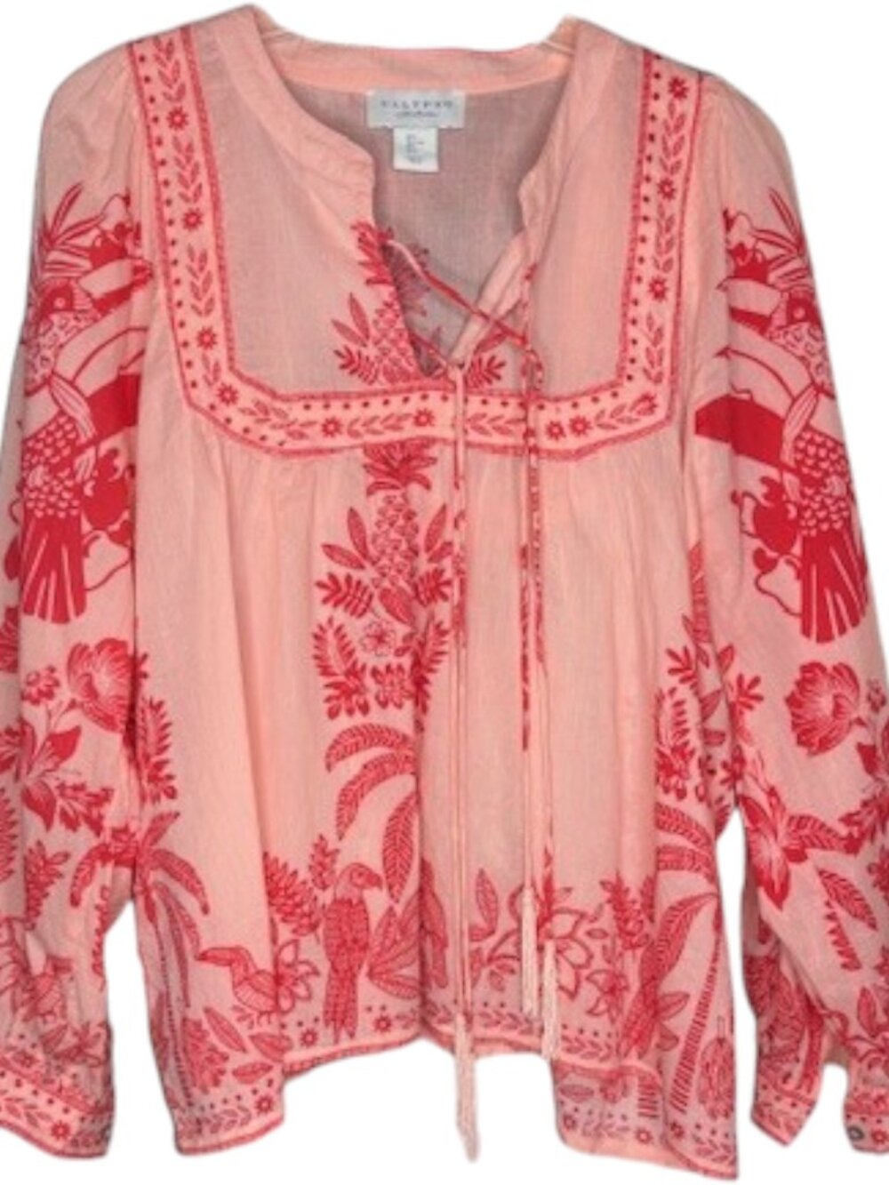Calypso St. Barth Lightweight Peasant Top Tropical Print - Peachy Pink/Red - L - Picture 2 of 11